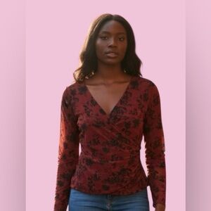 Floral Red and Black Wrap Top